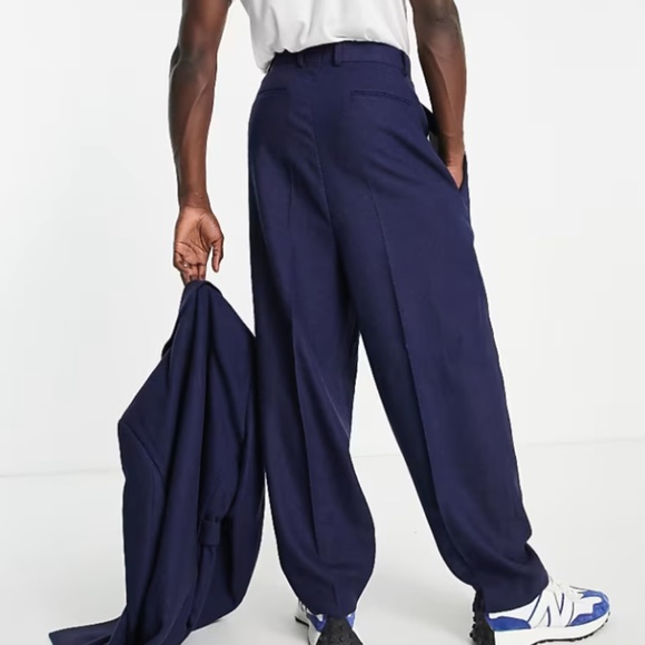 ASOS DESIGN High Waisted Baloon Wool Mix Twill Suit Pant size 31x32 in Navy - Picture 1 of 8